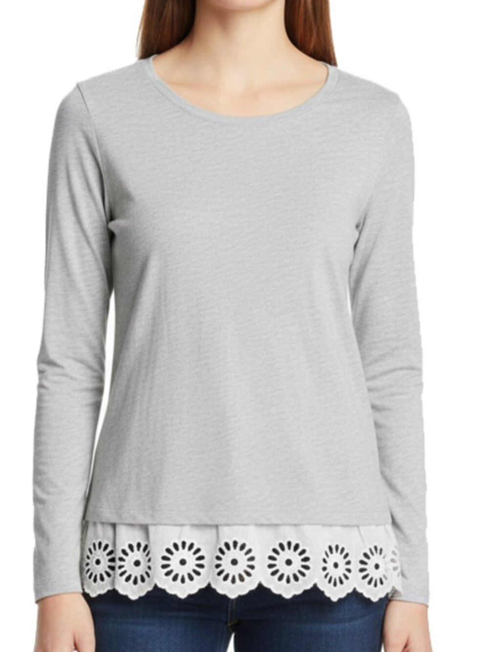 Loft Gray Long Sleeve Lace Hem Top Size Small